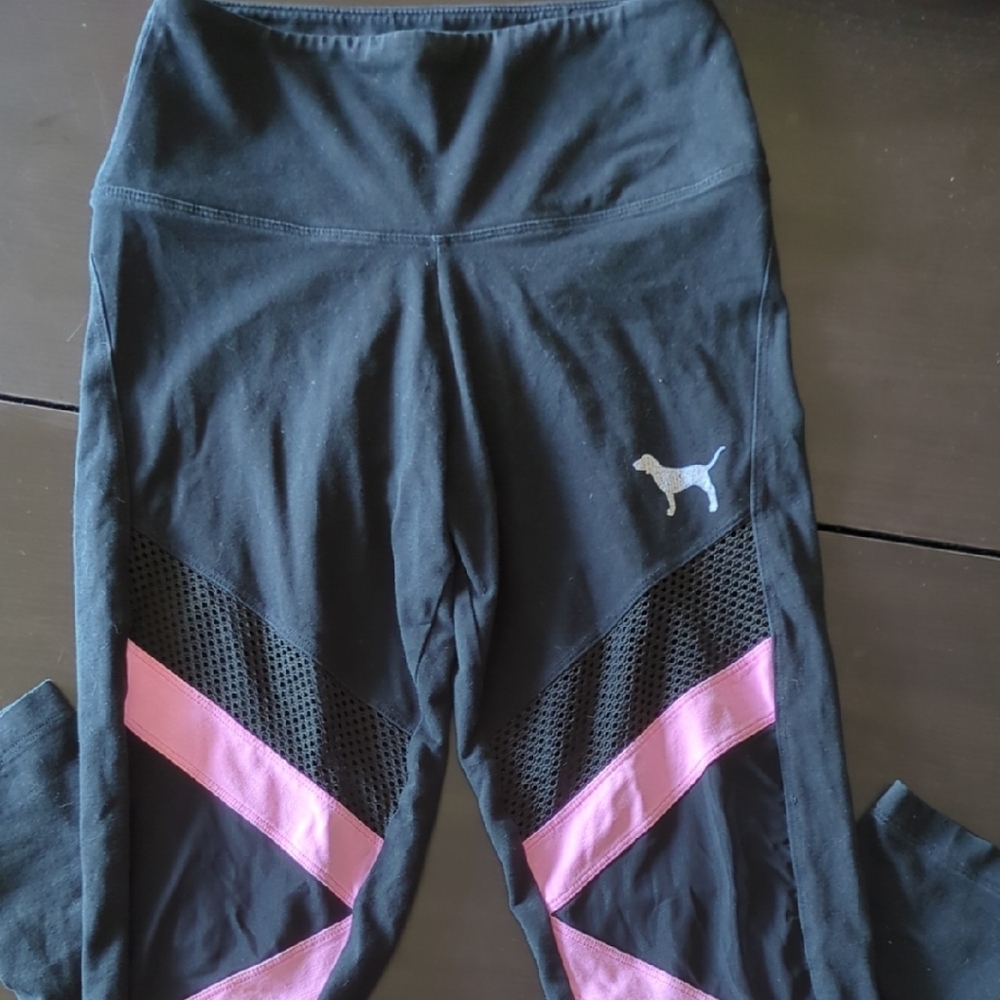 Victoria's Secret PINK Black Leggings With Mesh And Pink Stripes